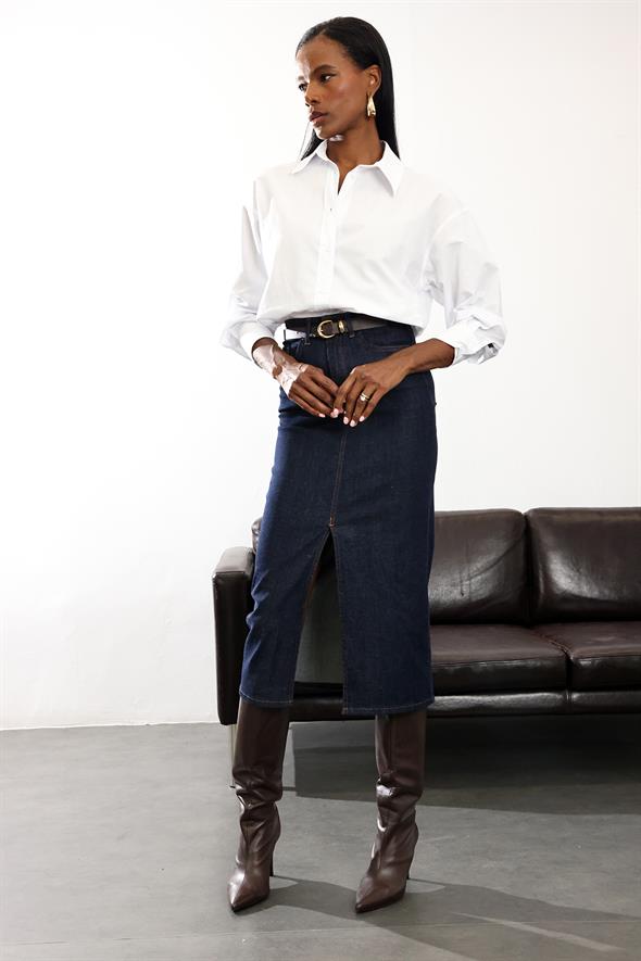 Rins Yıkamalı Midi Boy Denim Etek 761