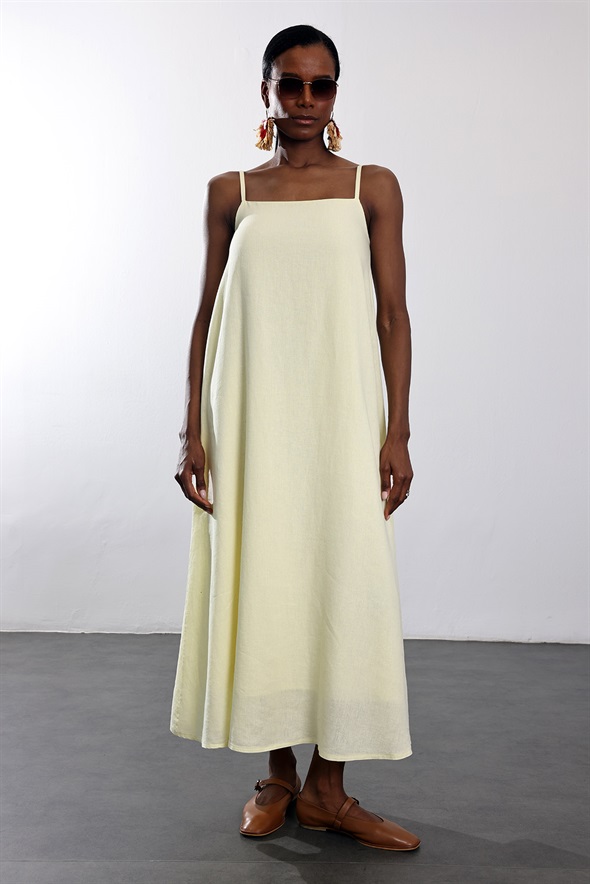 Sarı Askılı Keten Elbise 1057