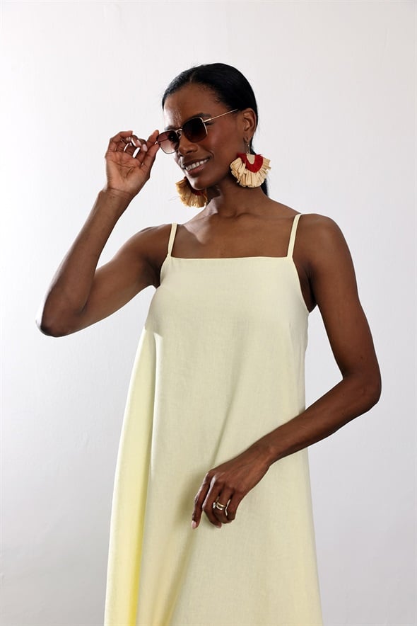 Sarı Askılı Keten Elbise 1057