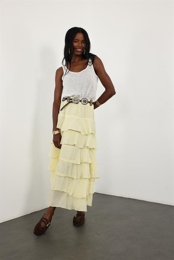 Sarı Beli Lastikli Volanlı Maxi Etek 4097