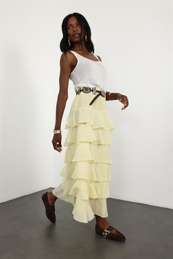 Sarı Beli Lastikli Volanlı Maxi Etek 4097