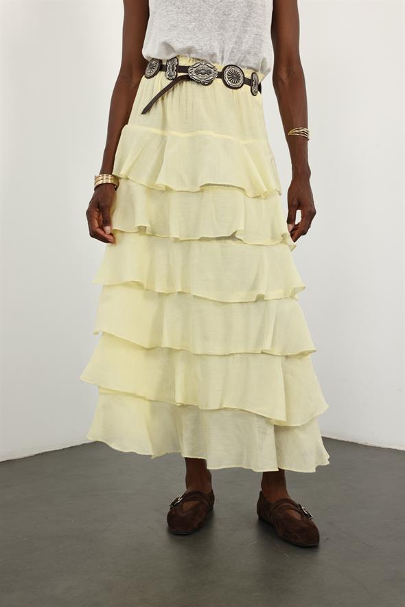 Sarı Beli Lastikli Volanlı Maxi Etek 4097