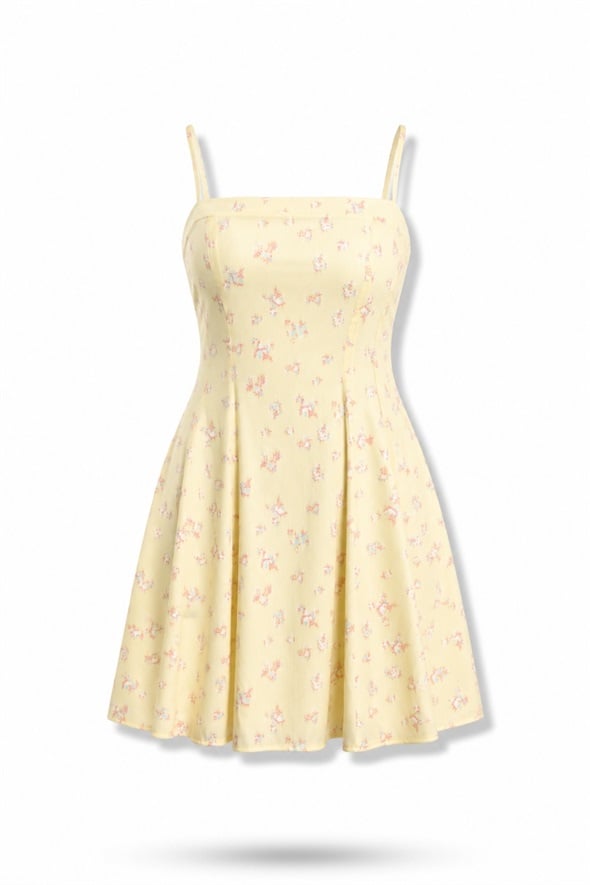Sarı Çiçek Desenli Mini Elbise 111728