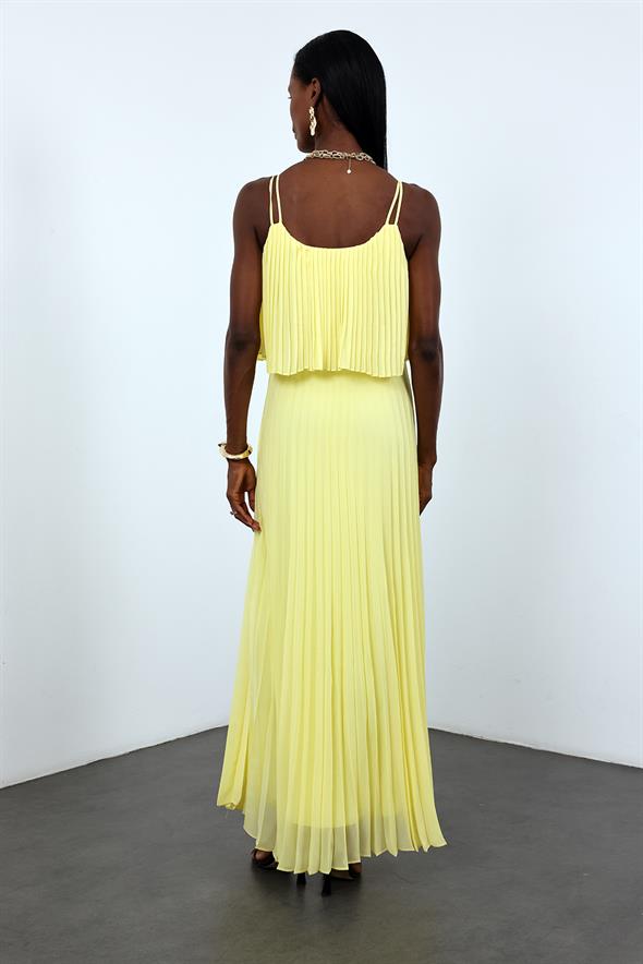 Sarı Piliseli Şifon Elbise 00778