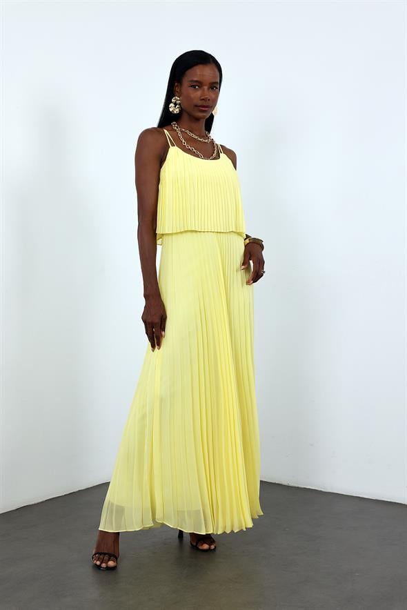 Sarı Piliseli Şifon Elbise 00778