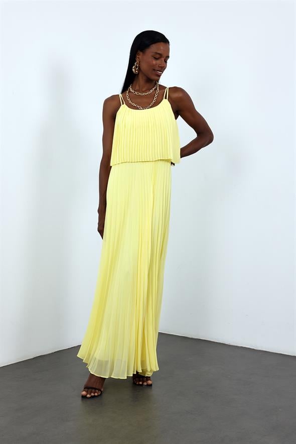 Sarı Piliseli Şifon Elbise 00778