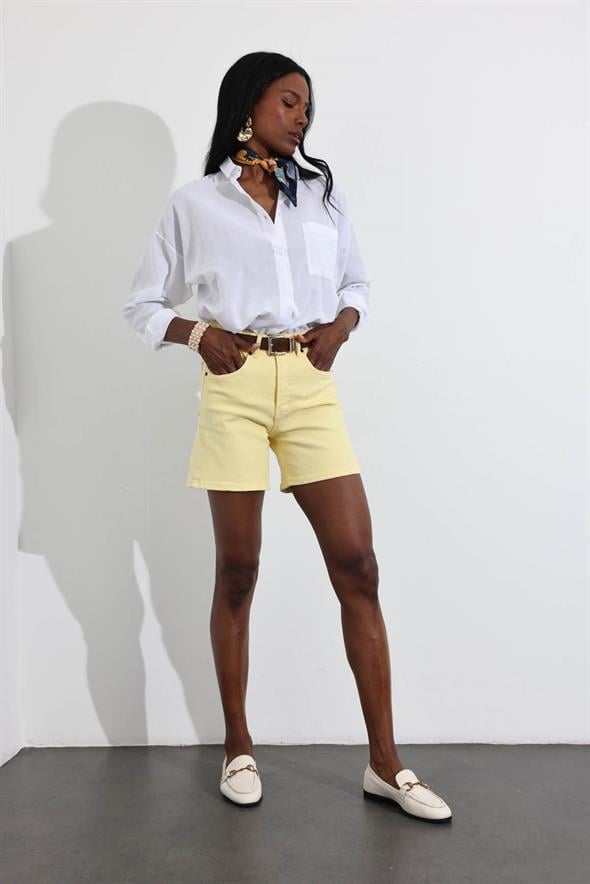 Sarı Yüksek Bel Şehir Boy Denim Şort 
