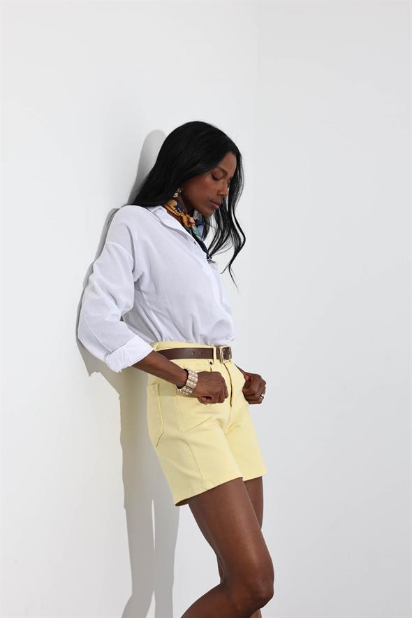 Sarı Yüksek Bel Şehir Boy Denim Şort 