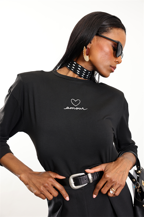 Siyah Amour Yazı Nakışlı Vatkalı Bluz 18075