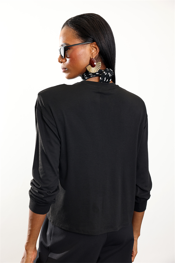 Siyah Amour Yazı Nakışlı Vatkalı Bluz 18075