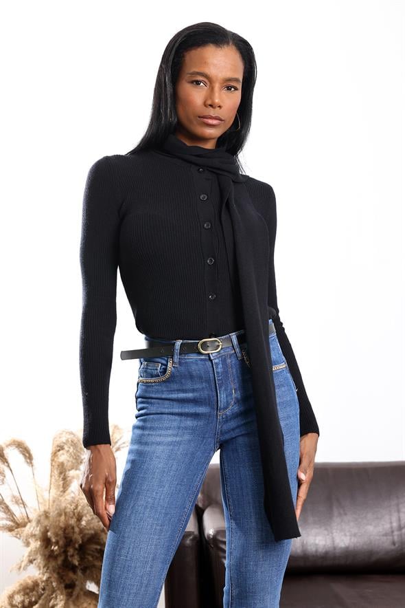 Siyah Atkı Detaylı Triko Hırka 17757