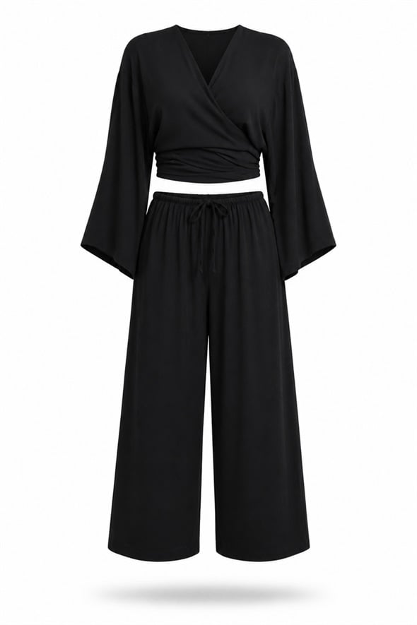 Siyah Bağlamalı Bluz Pantolon Takım 26Y088