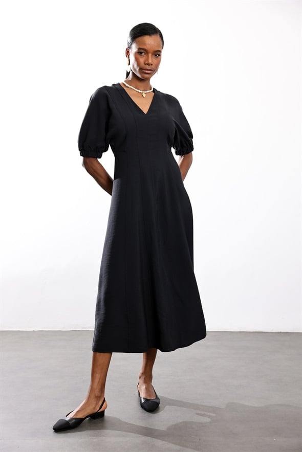 Siyah Balon Kollu Midi Elbise 5282