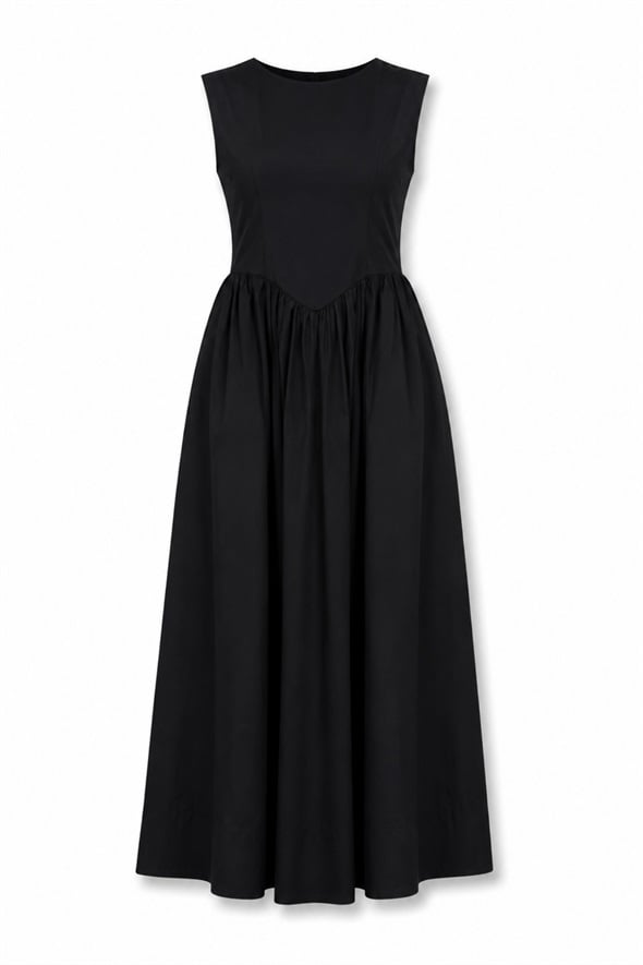 Siyah Belden Oturtmalı Maxi Elbise 0077