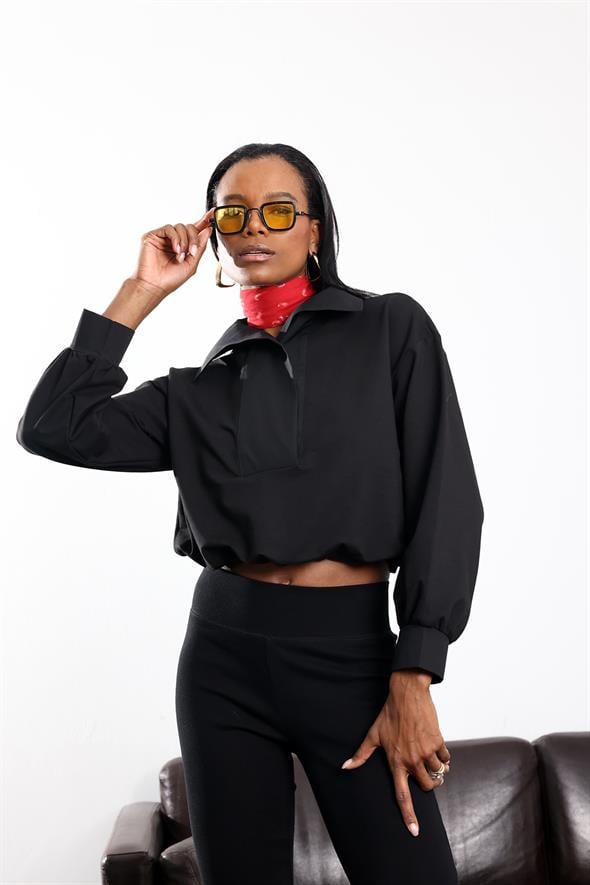 Siyah Beli Büzdürmeli Dik Yaka Sweatshirt 36720