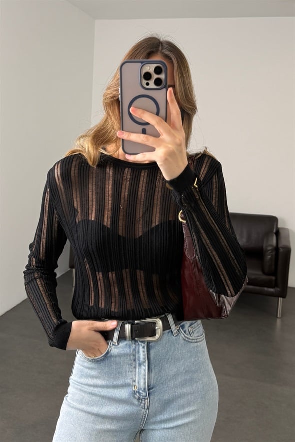 Siyah Bisiklet Yaka Transparan Triko 251327