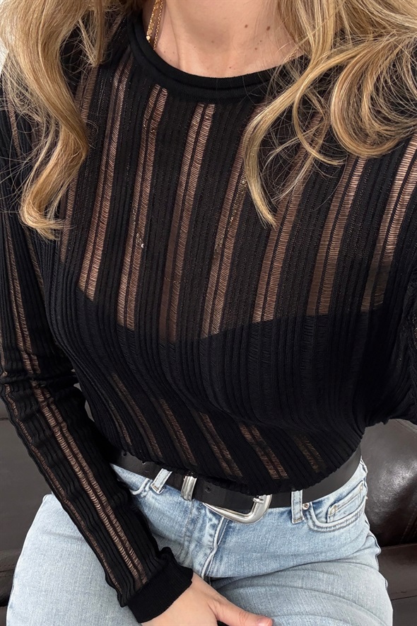 Siyah Bisiklet Yaka Transparan Triko 251327