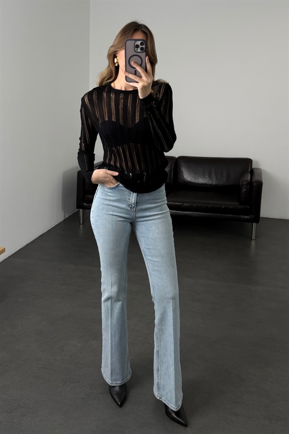 Siyah Bisiklet Yaka Transparan Triko 251327