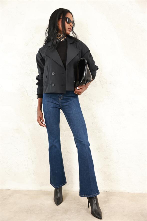 Siyah Büzgü Detaylı Kısa Trençkot 87136