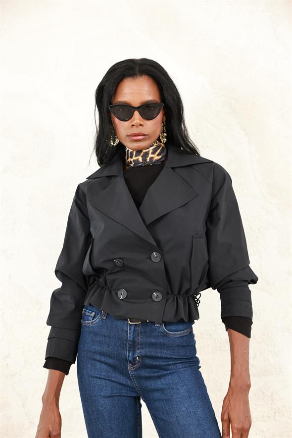 Siyah Büzgü Detaylı Kısa Trençkot 87136