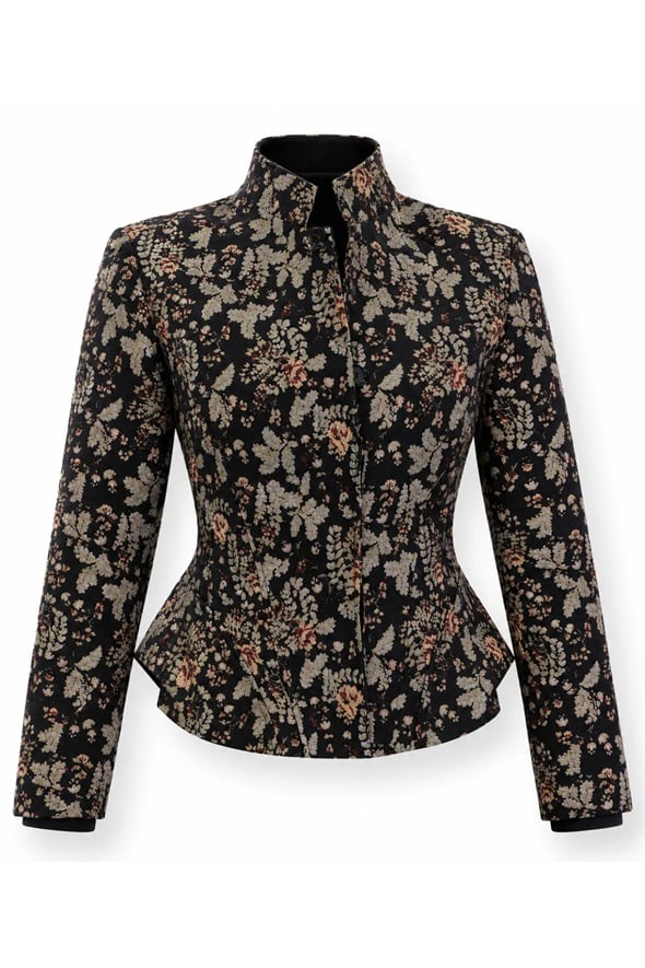 Siyah Çiçek Desenli Peplum Ceket 03055