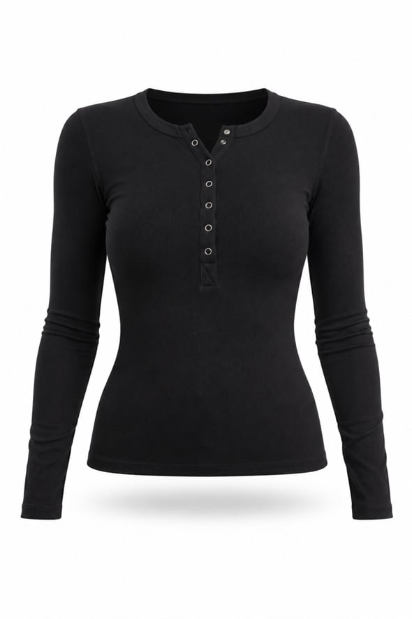 Siyah Çıtçıtlı Uzun Kol Tişört 2680