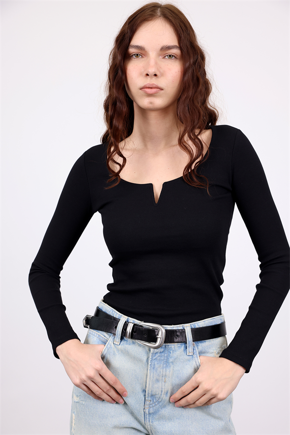 Siyah Damla Yaka Fitilli Bluz 2260