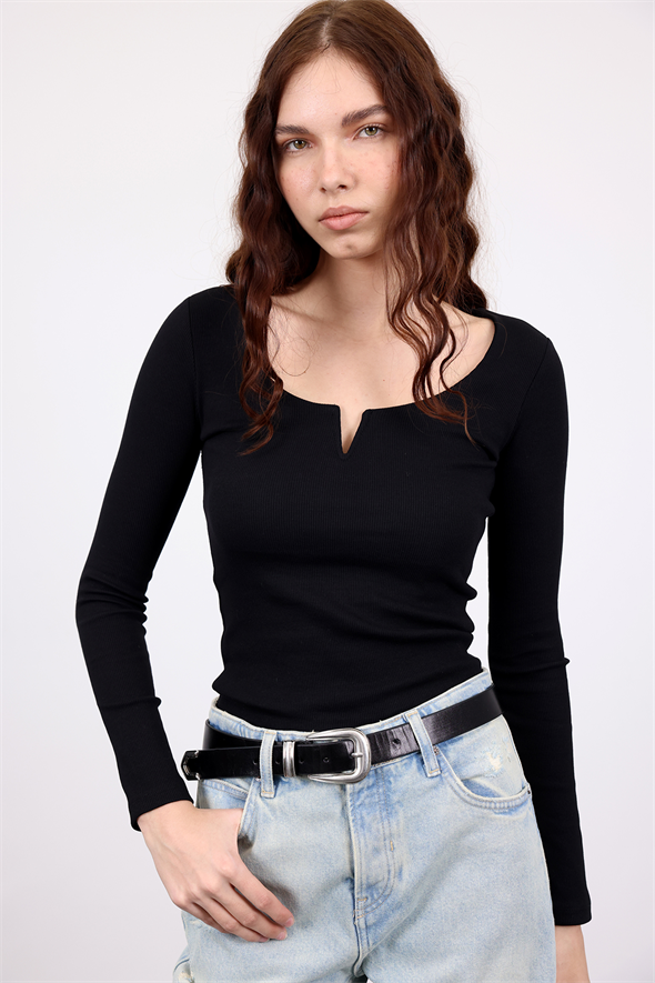 Siyah Damla Yaka Fitilli Bluz 2260