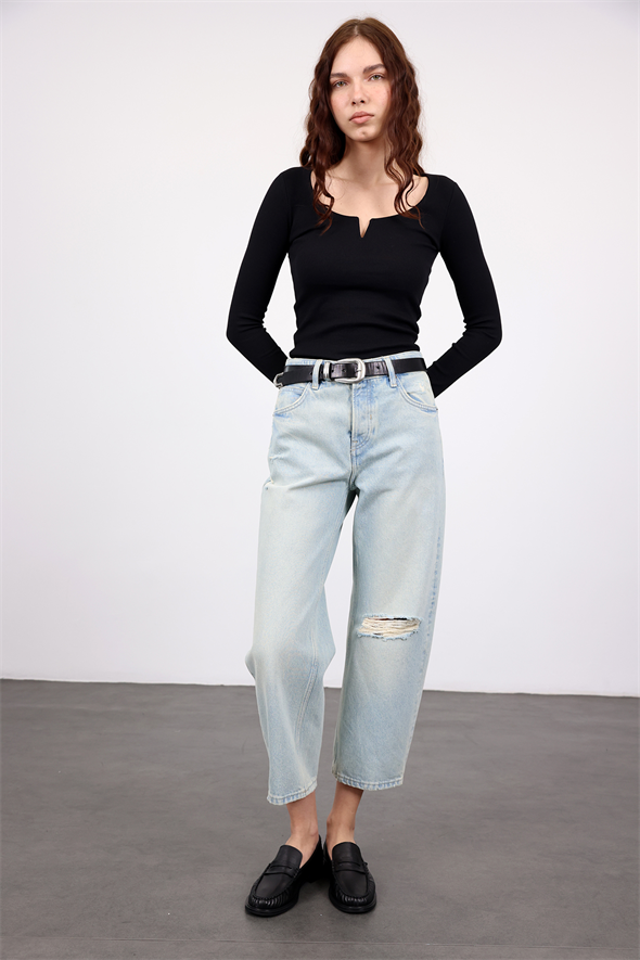Siyah Damla Yaka Fitilli Bluz 2260