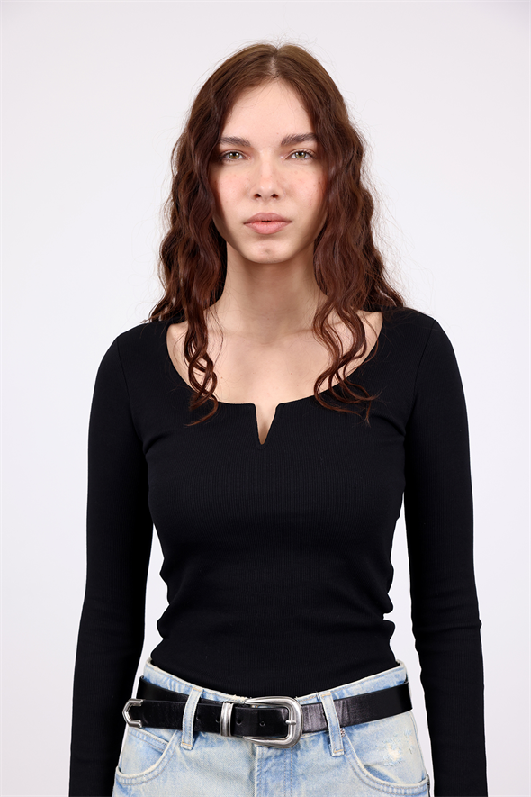 Siyah Damla Yaka Fitilli Bluz 2260