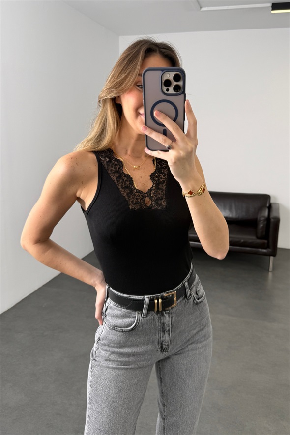 Siyah Dantel Detaylı Fitilli Atlet 26288