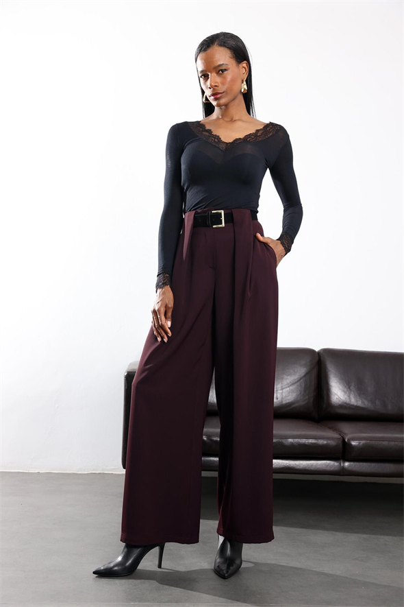 Siyah Dantelli Modal Kaşmir Uzun Kollu Bluz 