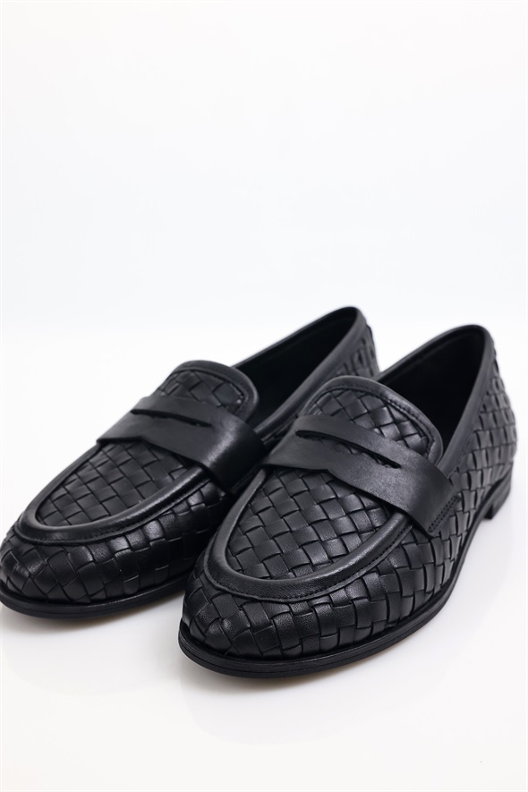 Siyah Deri Örgü Loafer 43702
