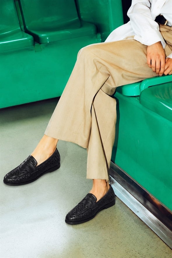 Siyah Deri Örgü Loafer 43702