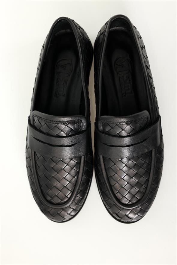 Siyah Deri Örgü Loafer 43702