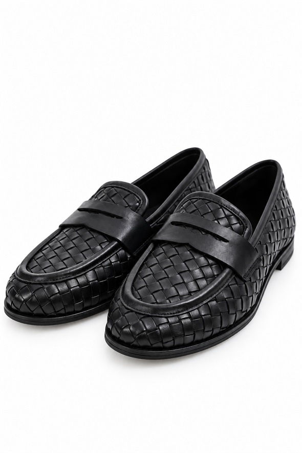 Siyah Deri Örgü Loafer 43702