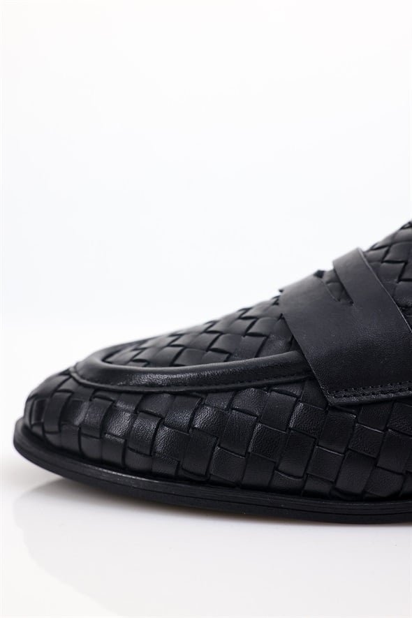 Siyah Deri Örgü Loafer 43702