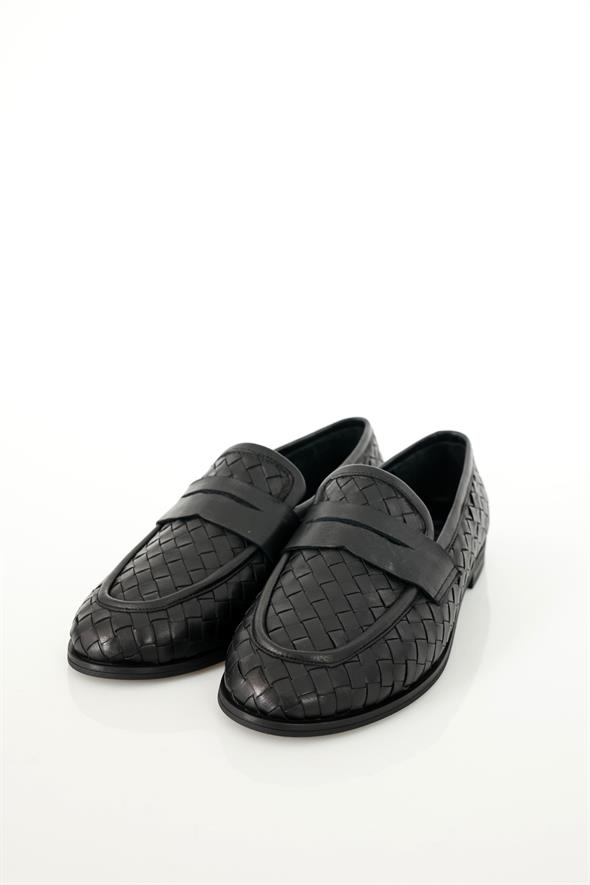 Siyah Deri Örgü Loafer 43702