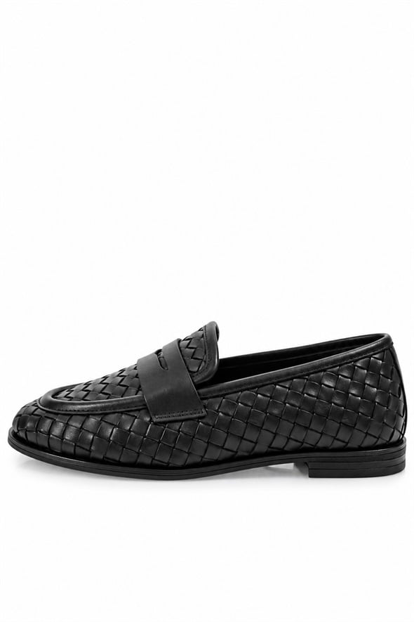 Siyah Deri Örgü Loafer 43702