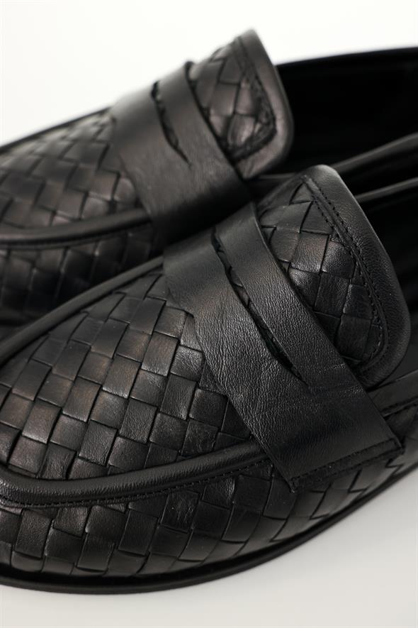 Siyah Deri Örgü Loafer 43702