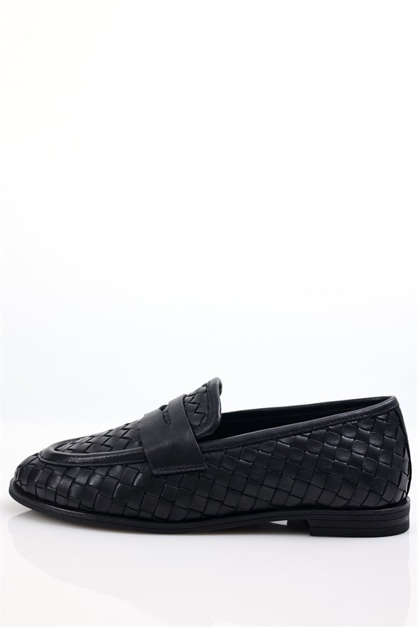 Siyah Deri Örgü Loafer 43702