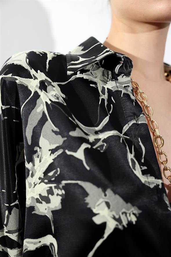 Siyah Desenli Oversize Saten Gömlek 34754