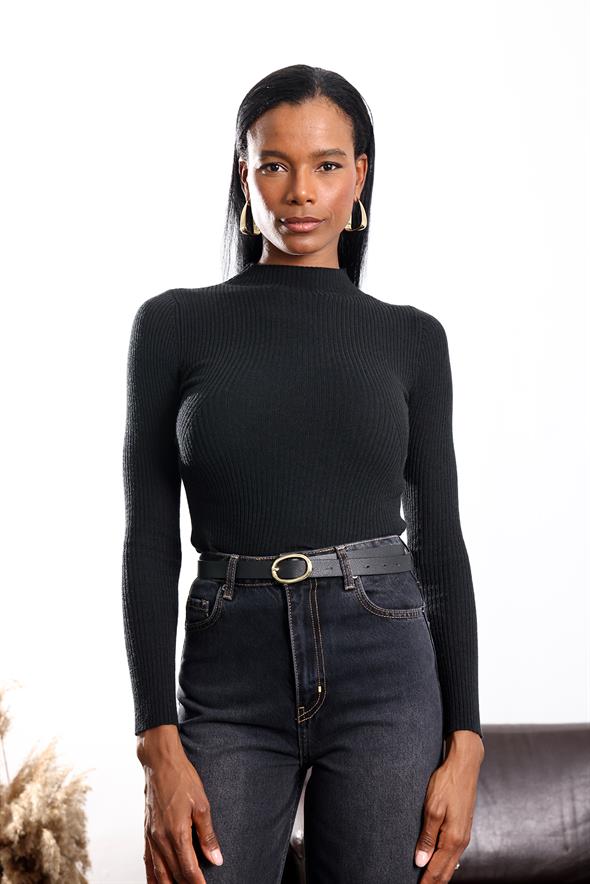 Siyah Dik Yaka Basic Triko 