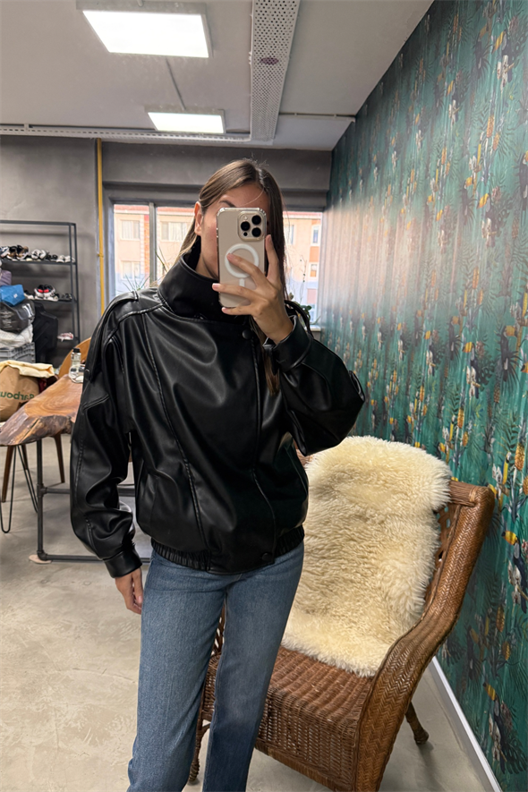 Siyah Dik Yaka Bomber Ceket 