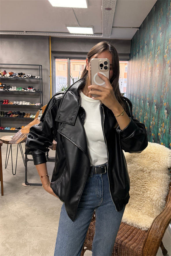 Siyah Dik Yaka Bomber Ceket 