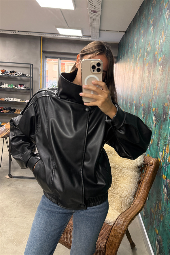 Siyah Dik Yaka Bomber Ceket 