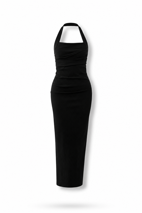 Siyah Drape Detaylı Midi Boy Elbise 12432
