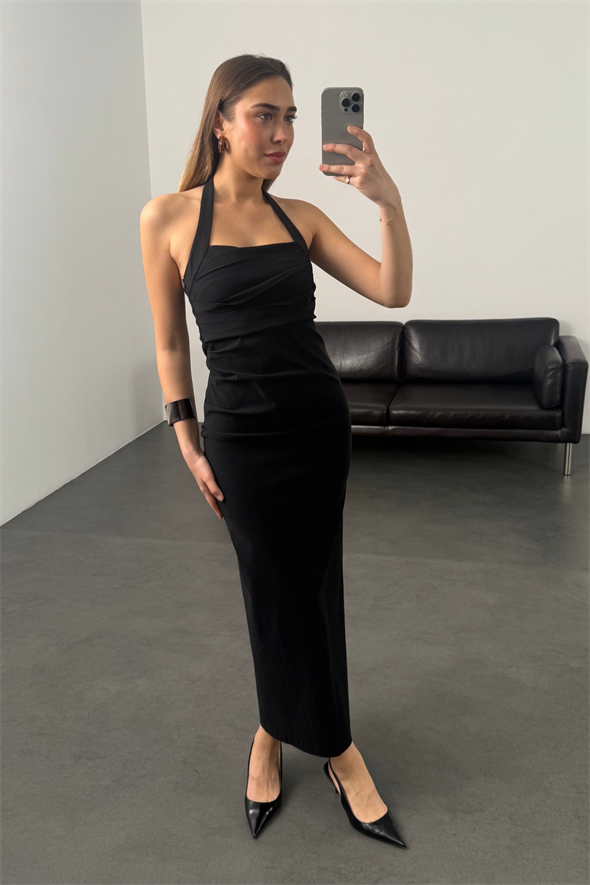 Siyah Drape Detaylı Midi Boy Elbise 12432