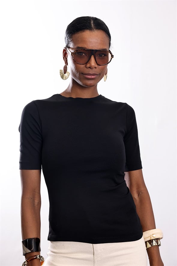 Siyah Drape Detaylı Tişört 17190