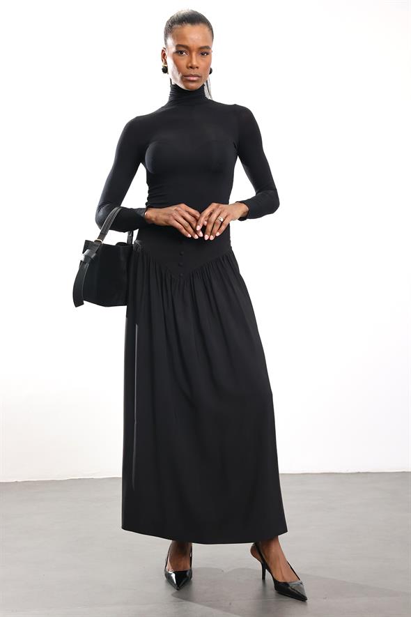 Siyah Önü Düğmeli Midi Etek 041171